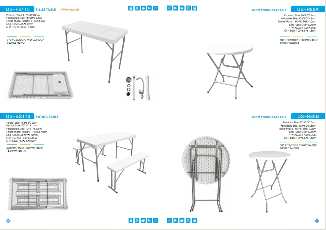 HDPE Tabletop 10 Seater Wedding Banquet Dining Foldable Plastic Round Tables