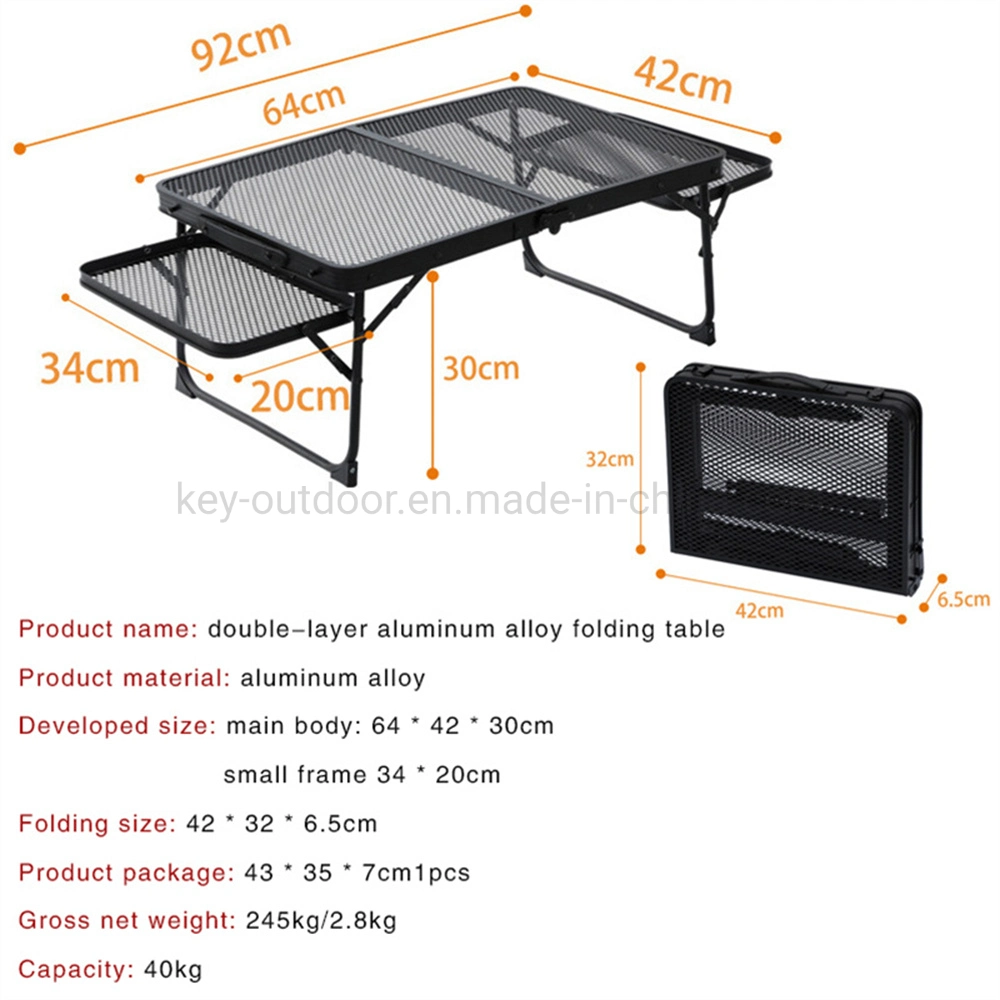 Aluminum Portable Foldable High-End Metal Outdoor Patiofurinture Camping Rack Camping Mesh Folding Desk Table with Side Table