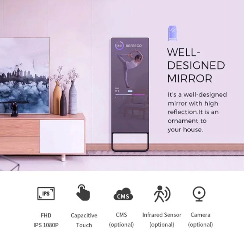 Floor Standing Smart Mirror with Touch Screen, Magic Glass Mirror Wall Mounted LED LCD Light Mirror Display for Bathroom/Bath/Makeup/Fitness/Gym