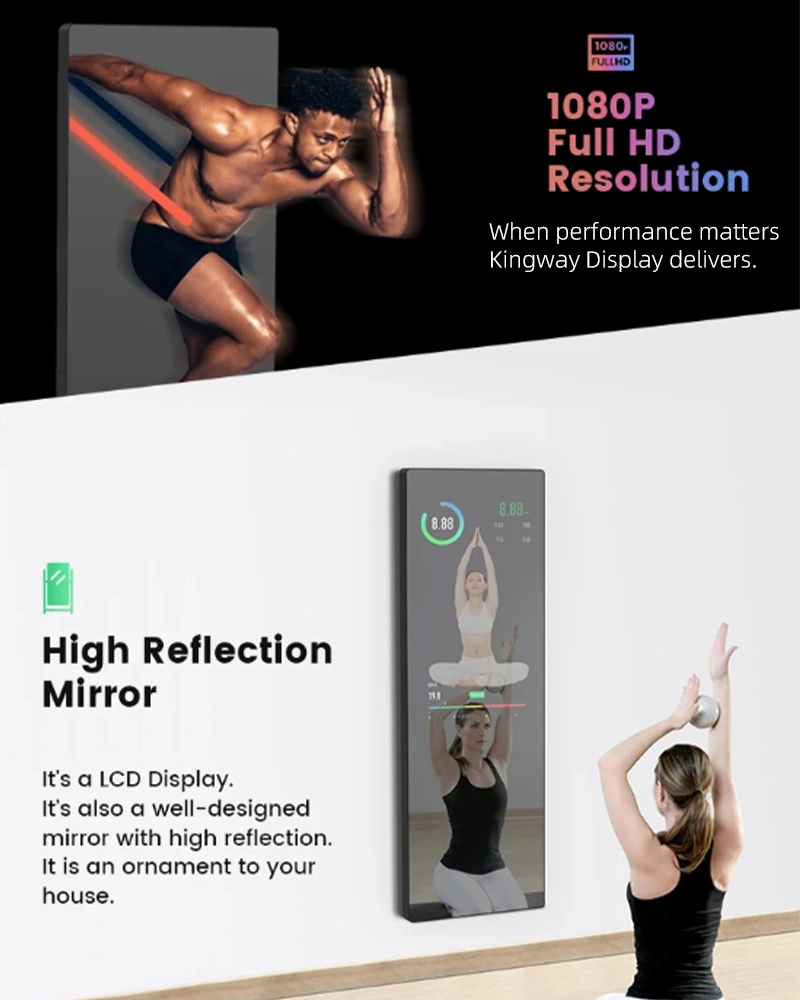 Floor Standing Smart Mirror with Touch Screen, Magic Glass Mirror Wall Mounted LED LCD Light Mirror Display for Bathroom/Bath/Makeup/Fitness/Gym