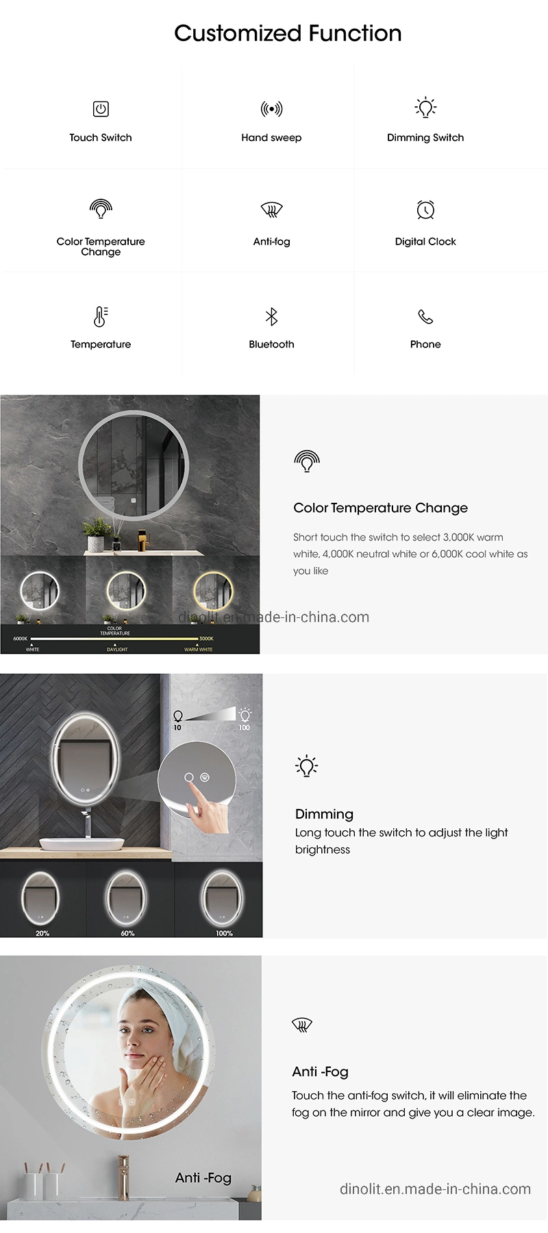 Hotel / Home Simple Waterproof Smart Bathroom LED Illuminated Wall Washroom Light Mirror with CE ETL UL IP44 (touch on/off, dimmer, bluetooth Music Play)