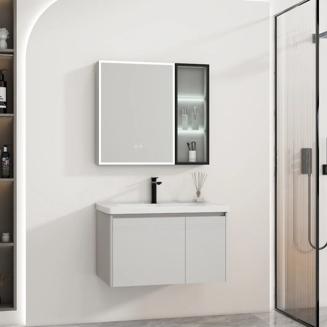 Modern Wall Mounted Plywood Ceramic Basin Bathroom Cabinet with Mirror