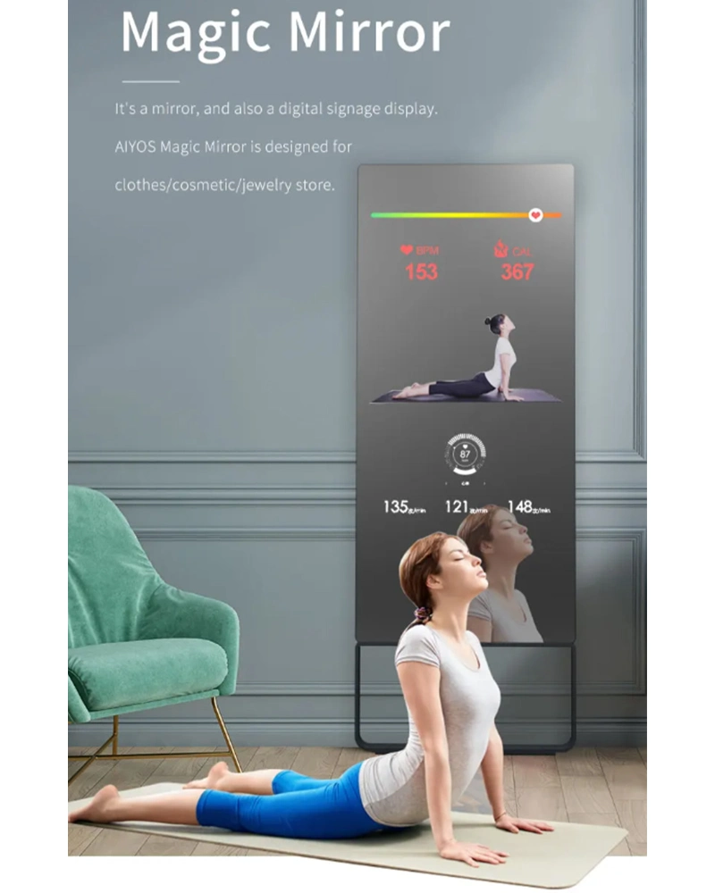 Smart Home Fitness Mirror Interactive Magic Glass TV Display Digital Signage Kiosk Touch Screen Mirror for Fitness Workout Sports Exercise Yoga