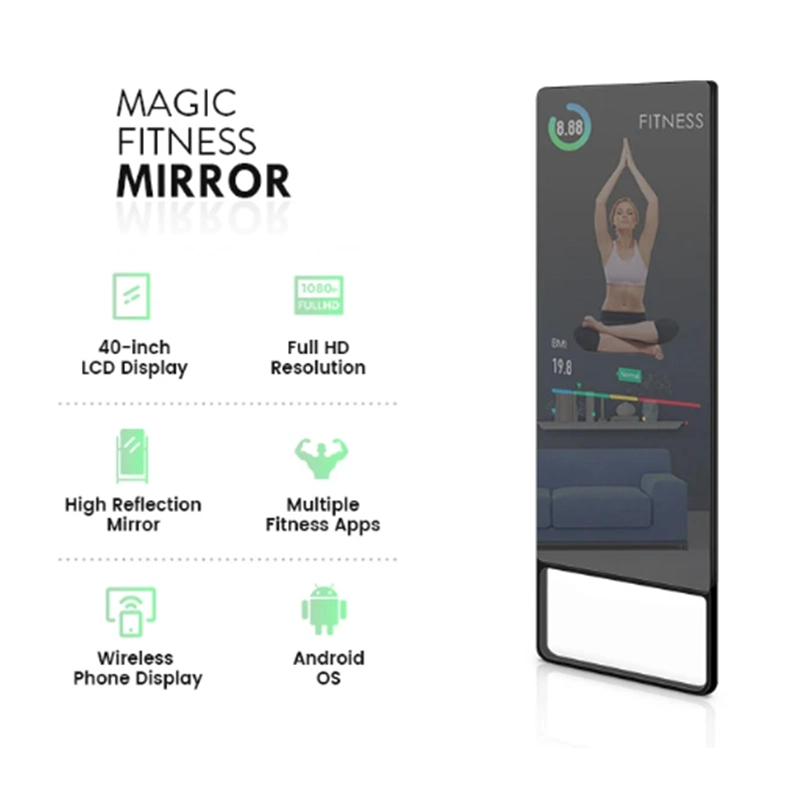 Floor Standing Smart Mirror with Touch Screen, Magic Glass Mirror Wall Mounted LED LCD Light Mirror Display for Bathroom/Bath/Makeup/Fitness/Gym