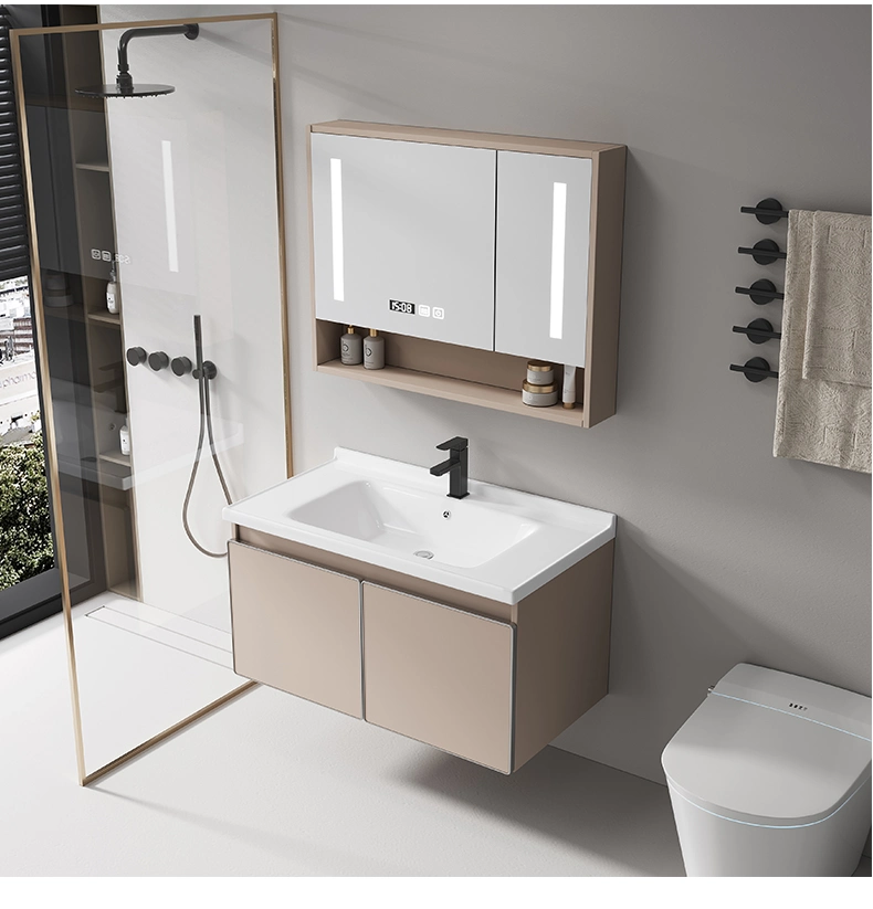 Made in China Solid Wooden Bathroom Vanity Cabinet with Ceramic Countertop Art Wash Basin LED Mirror Cabinet