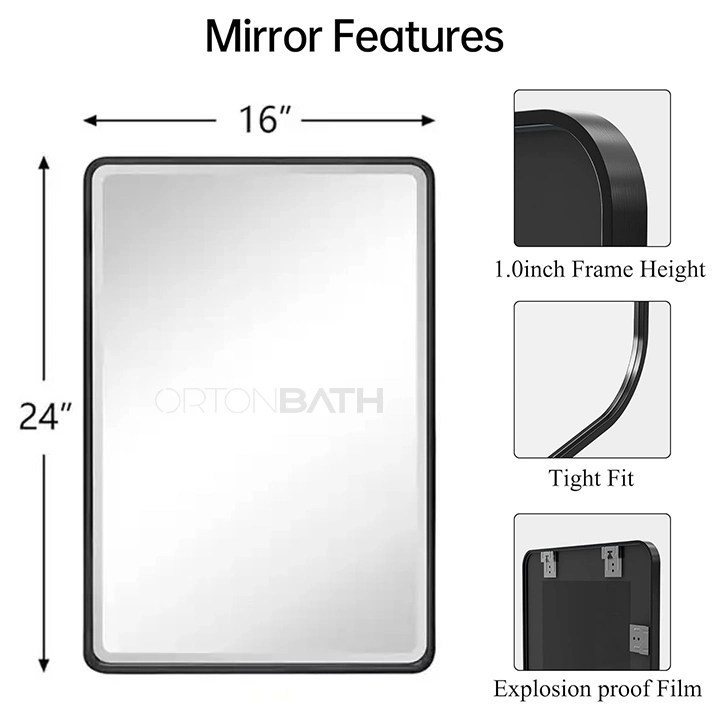 Ortonbat1 Modern Black/Gold/Silver Bathroom Mirror for Wall 24X36, Large Rounded Rectangular Mirror with Corner Deep Design, Vertical or Horizontal Hanging