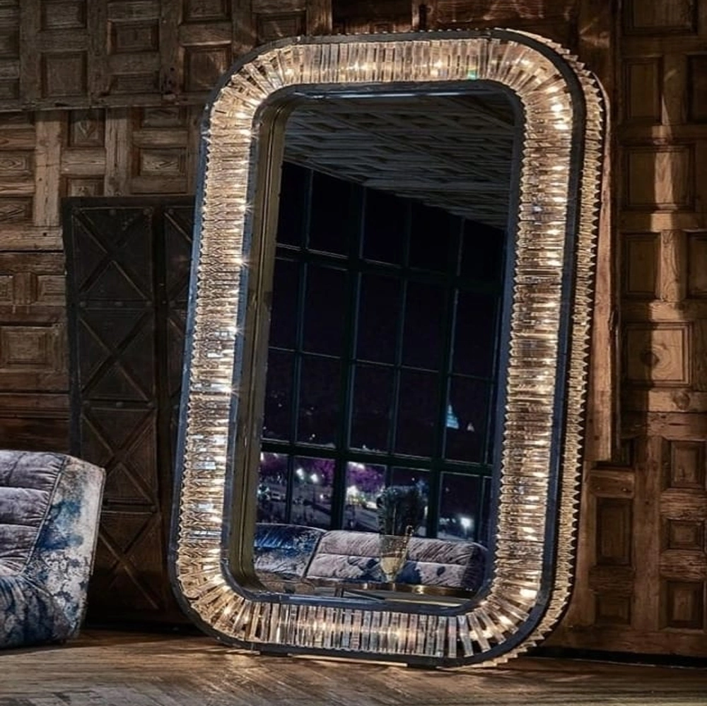 Crystal Modern Mirror Decorative Wall Living Room Hallway Wood Frame Venetian Hang Wall Mirror with LED Light