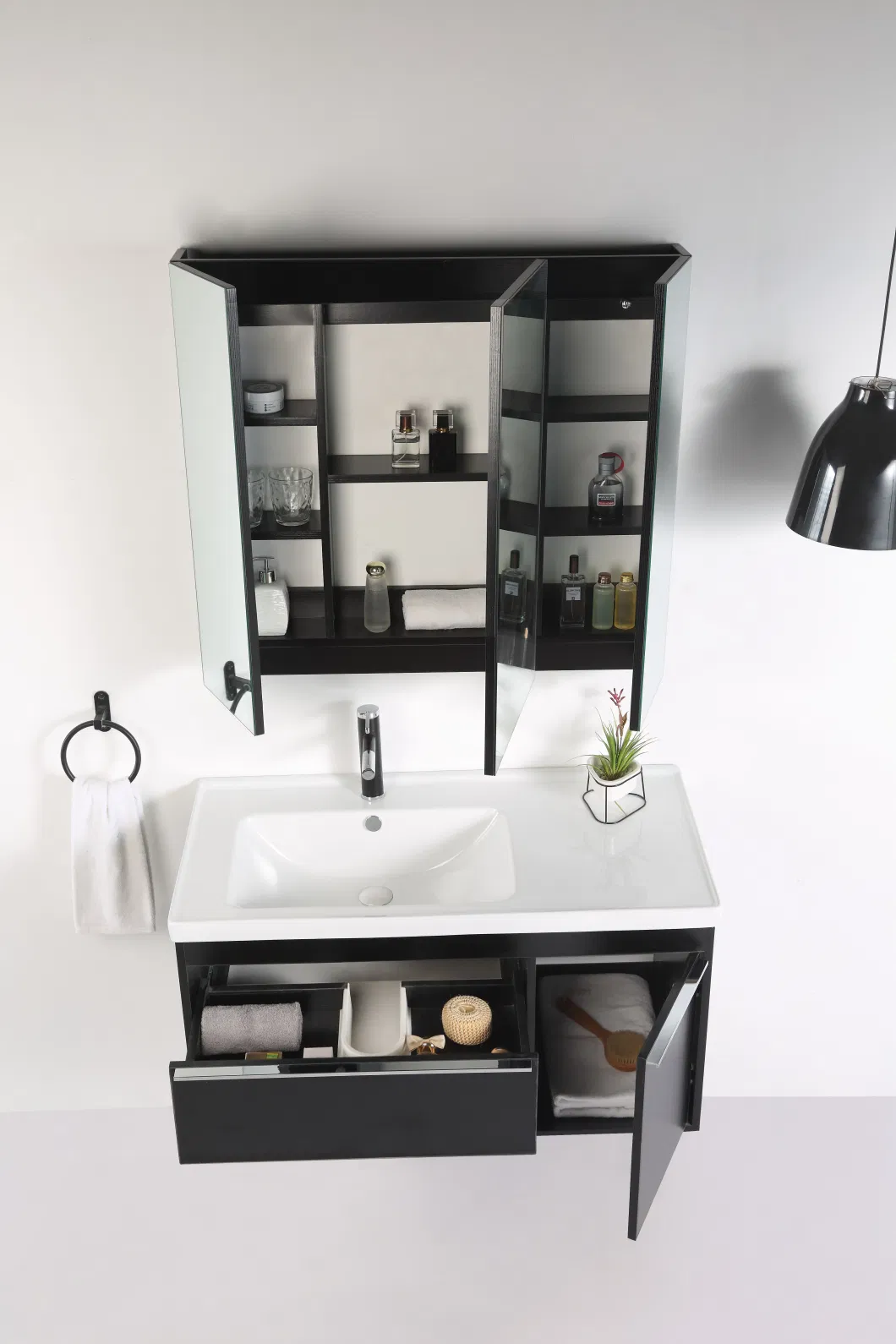 Sanitary Ware Black Color Light Luxury Bathroom Cabinet Ceramic Basin Sink Cabinets Mirrored Cabinet Vanity