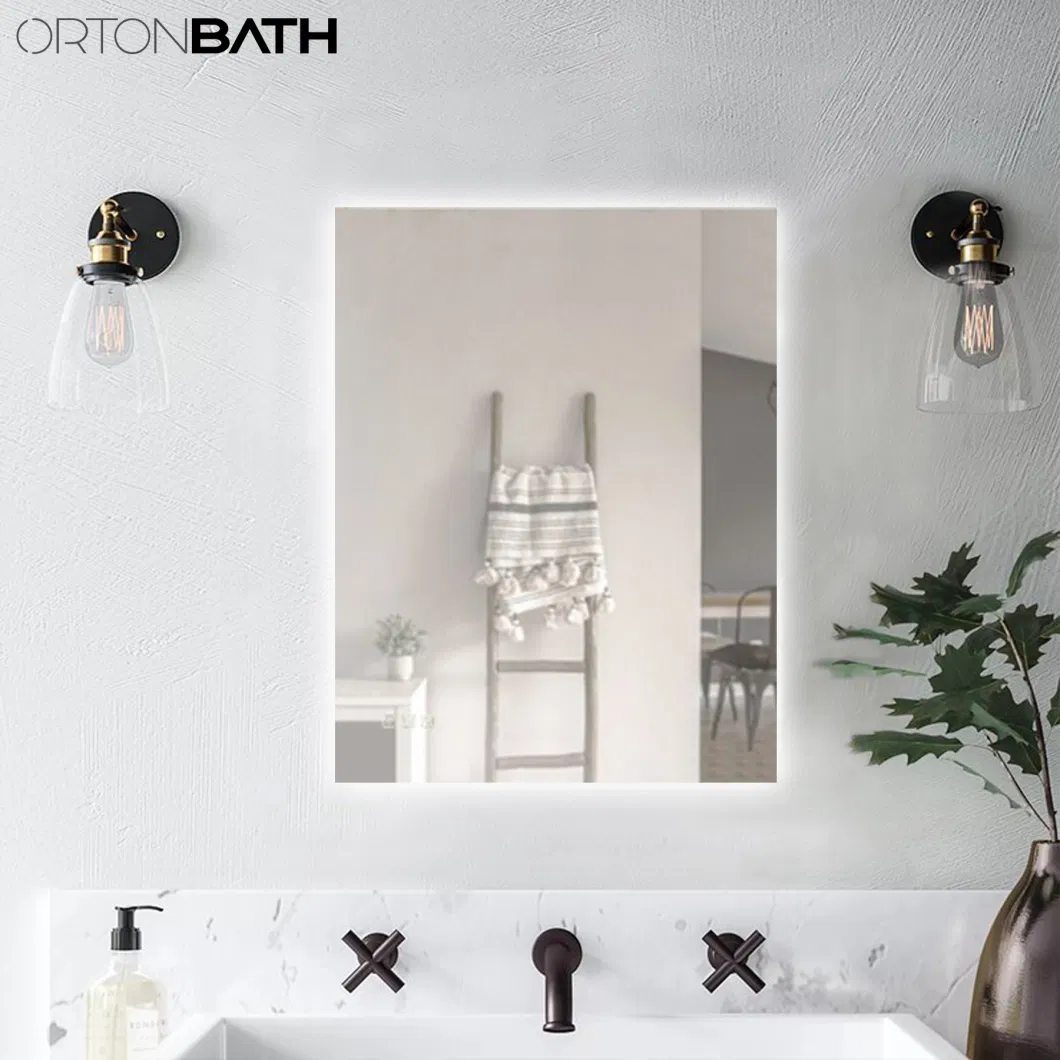 ORTONBATH Rectangular Backlit Frameless Wall Hung Large Bathroom Vanity Mirrors Hollywood Gold Makeup LED Arch Long Bath Mirror with LED Lights