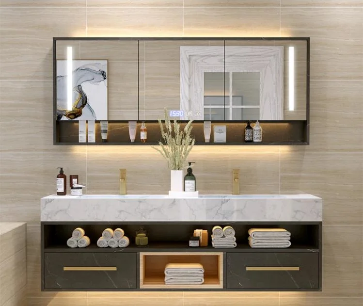 Mirrored Modern Furniture Plywood with Mirror Vanity Set Marble Countertop Bathroom Vanity Cabinet