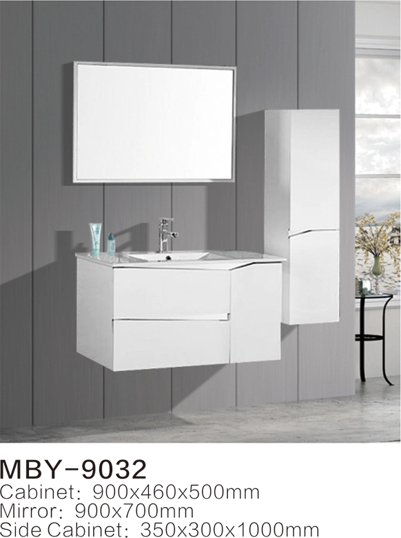 White Morden PVC Wall Hung Basin with Bathroom Cabinet with Glass Basin with LED Mirror