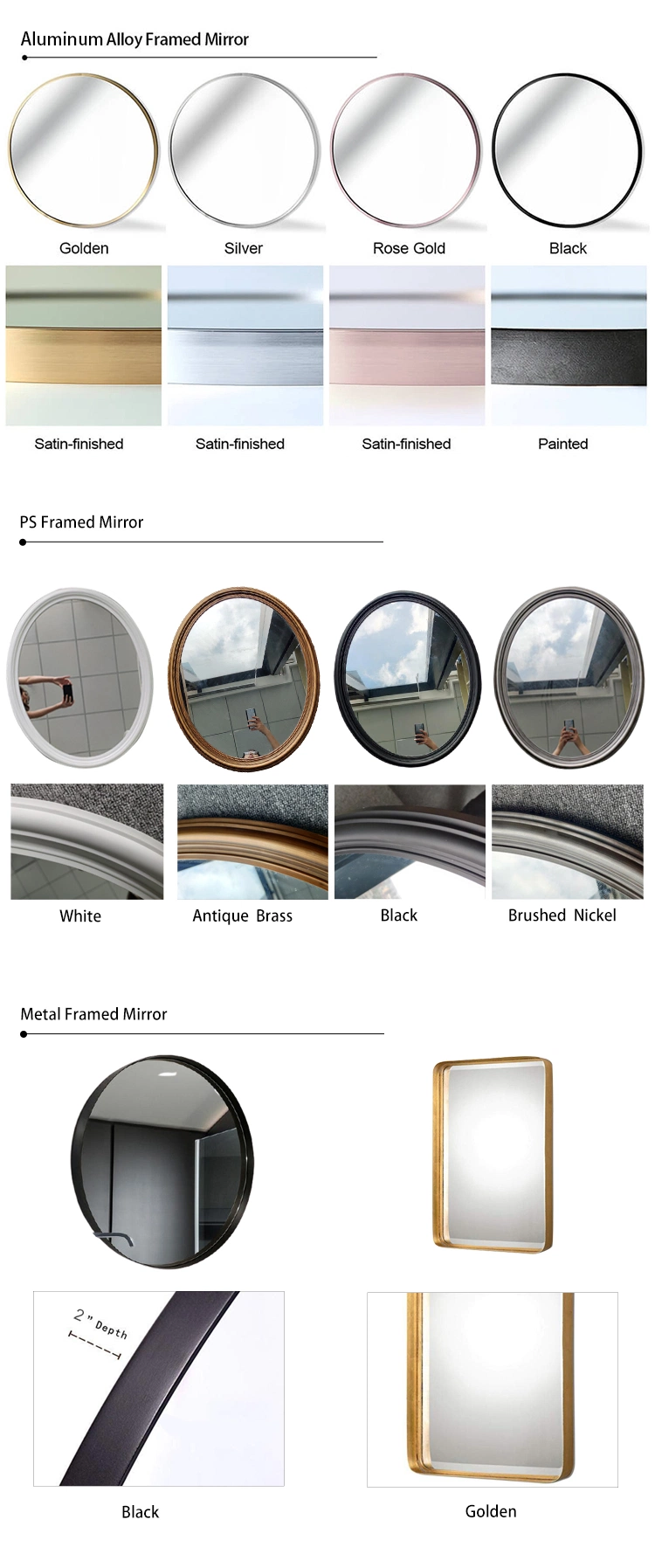 Home Hotel 600mm Round Shape Silver Brass Black Colored Aluminum Framed Frame Home Decorative Make up Mirror