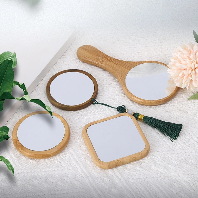 Mini Small Round Pocket Bamboo Compact Makeup Hand Mirror