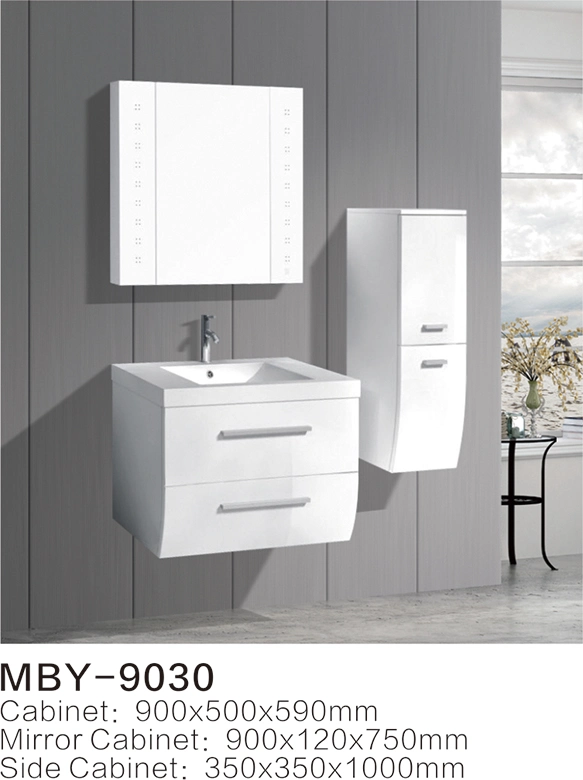 White Morden PVC Wall Hung Basin with Bathroom Cabinet with Glass Basin with LED Mirror