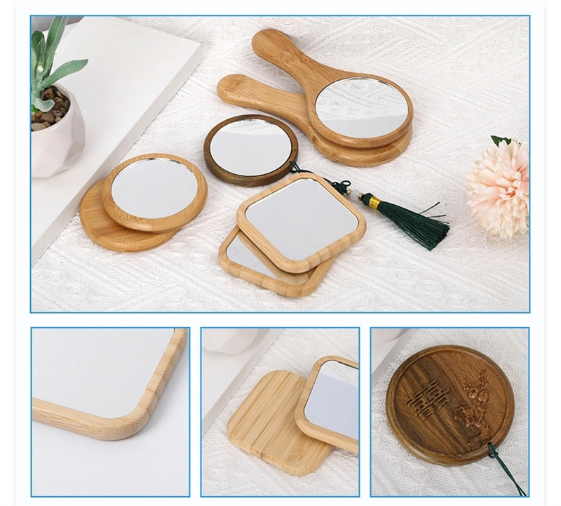 Mini Small Round Pocket Bamboo Compact Makeup Hand Mirror