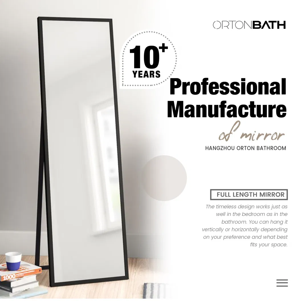 Ortonbath Gold Frame Against Wall Full Length Floor Dressing Mirror LED Lights Touch Sensor Switch Backlit Bathroom Full Length Dressing Mirror