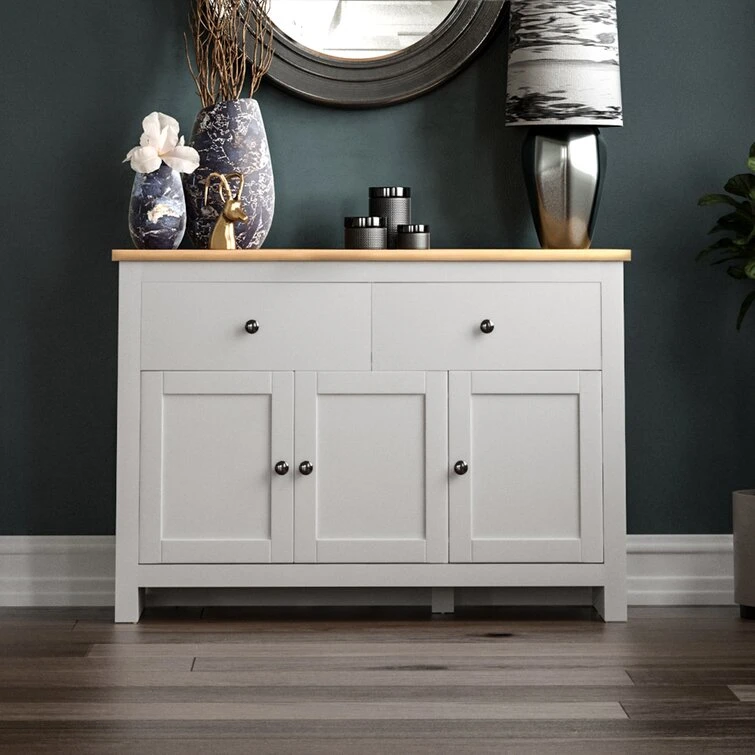 2022 China Factory Direct Sales Grey Painted Wide 2 Drawer Wood Sideboard Door Storage Cabinet Sideboard for Living Room Bedroom Hotel Furniture