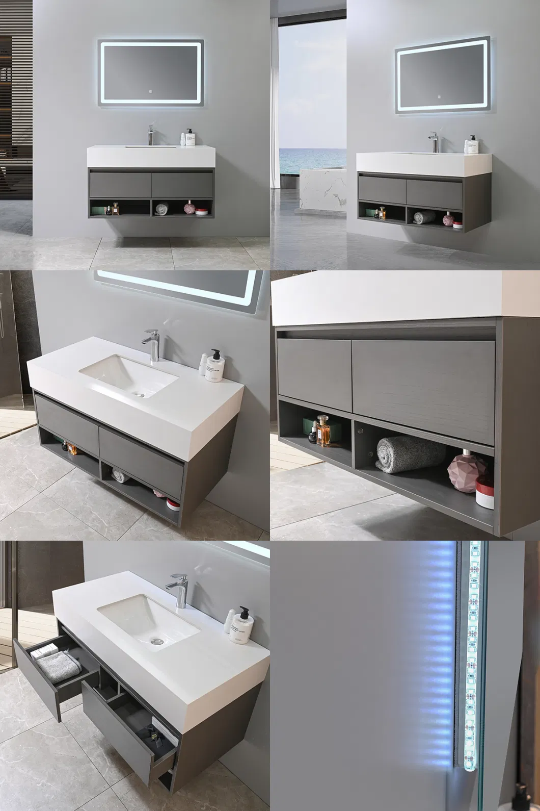 European Standard Wholesale Modern Hotel Design LED Bathroom Mirror Slate Top Ceramic Wash Basin Sink Floating Bathroom Vanity with Mirror