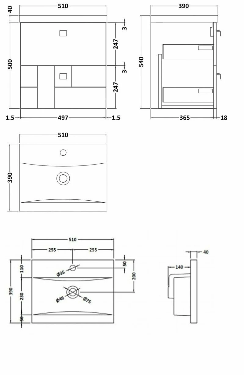 Wall Hung 2-Drawer Vanity Unit with Basin-1 500mm Wide - Satin Blue