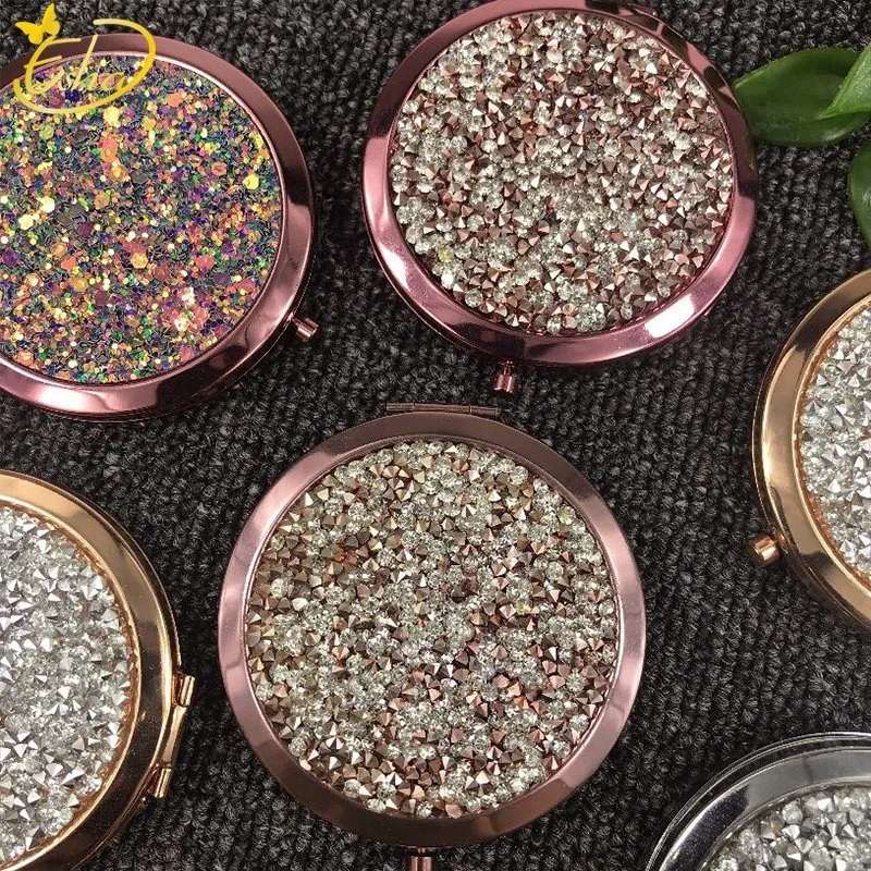 Round Small Makeup Cosmetic Mirror with Bling Bling