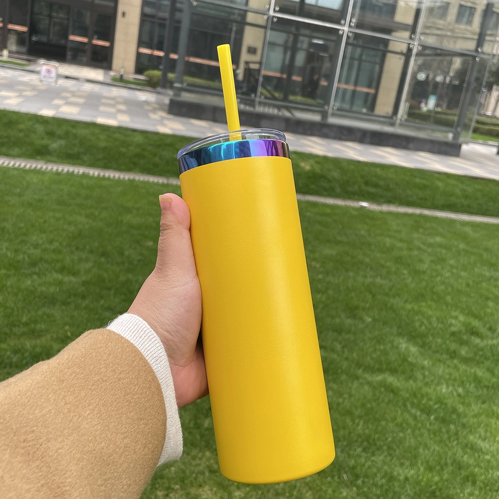 Wholesale Bulk Glossy Mirror Vacuum Insulated 20oz Rainbow Plated Skinny Straight Tumbler with Colored Straw for Laser Engraving