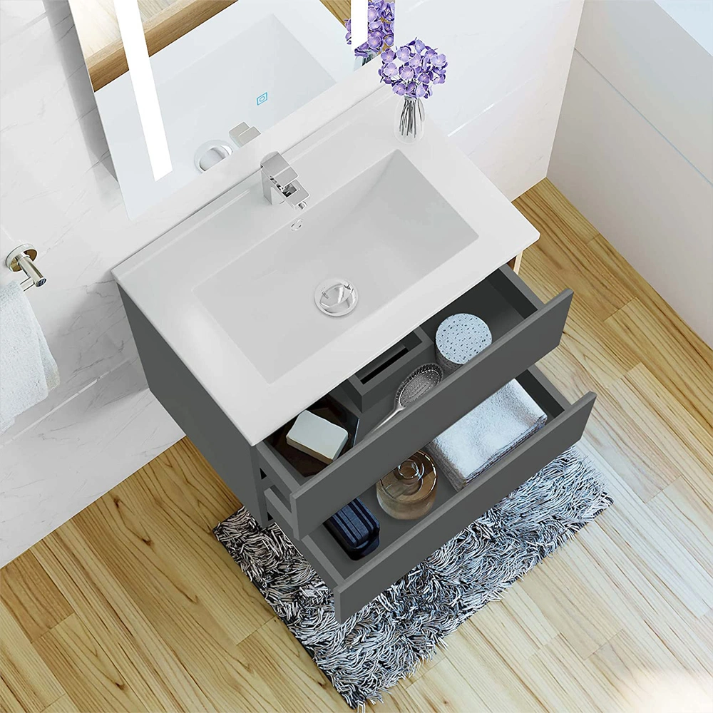 500mm PVC Matt Grey Wall Hung Basin Vanity Unit with 2 Soft Close Drawers