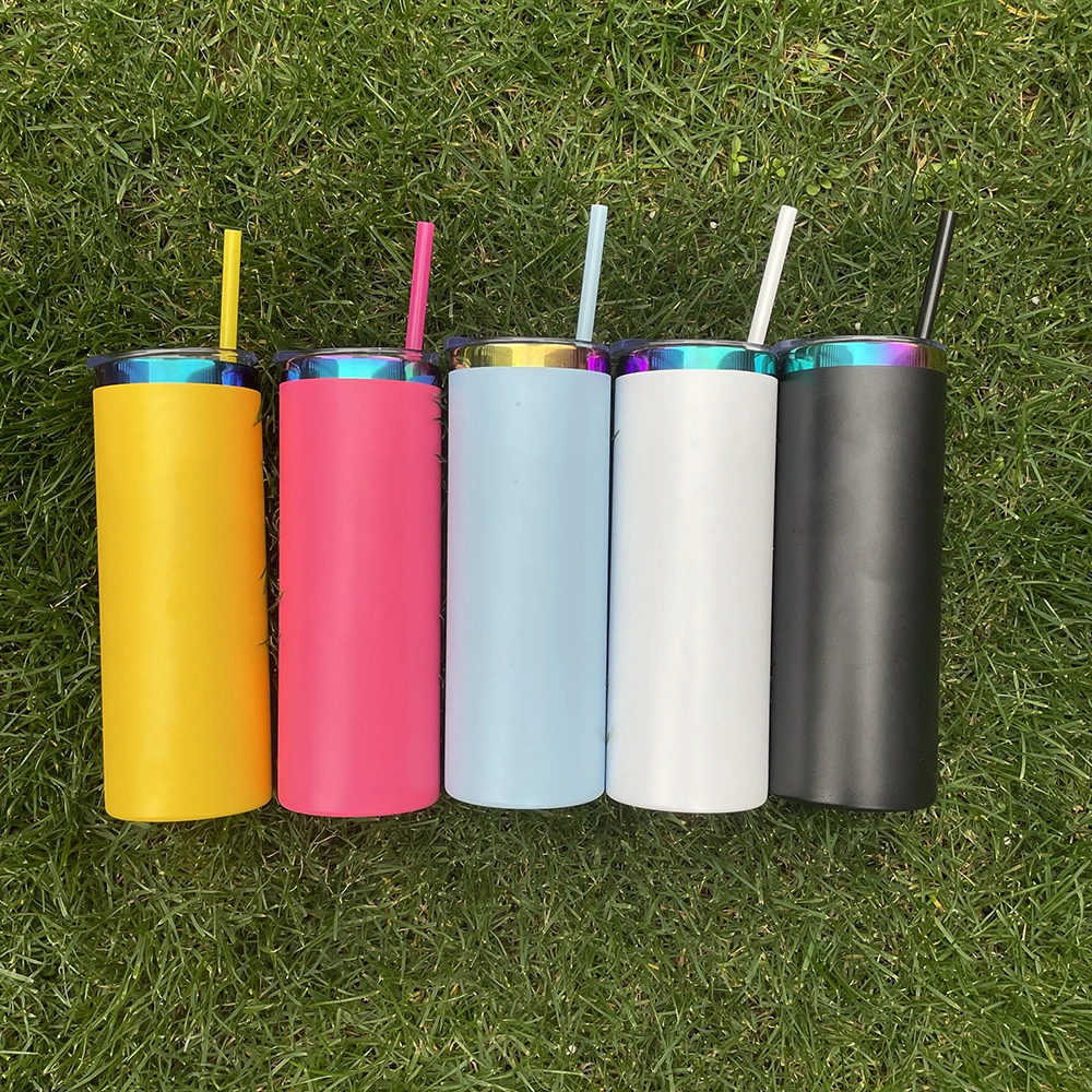 Wholesale Bulk Glossy Mirror Vacuum Insulated 20oz Rainbow Plated Skinny Straight Tumbler with Colored Straw for Laser Engraving