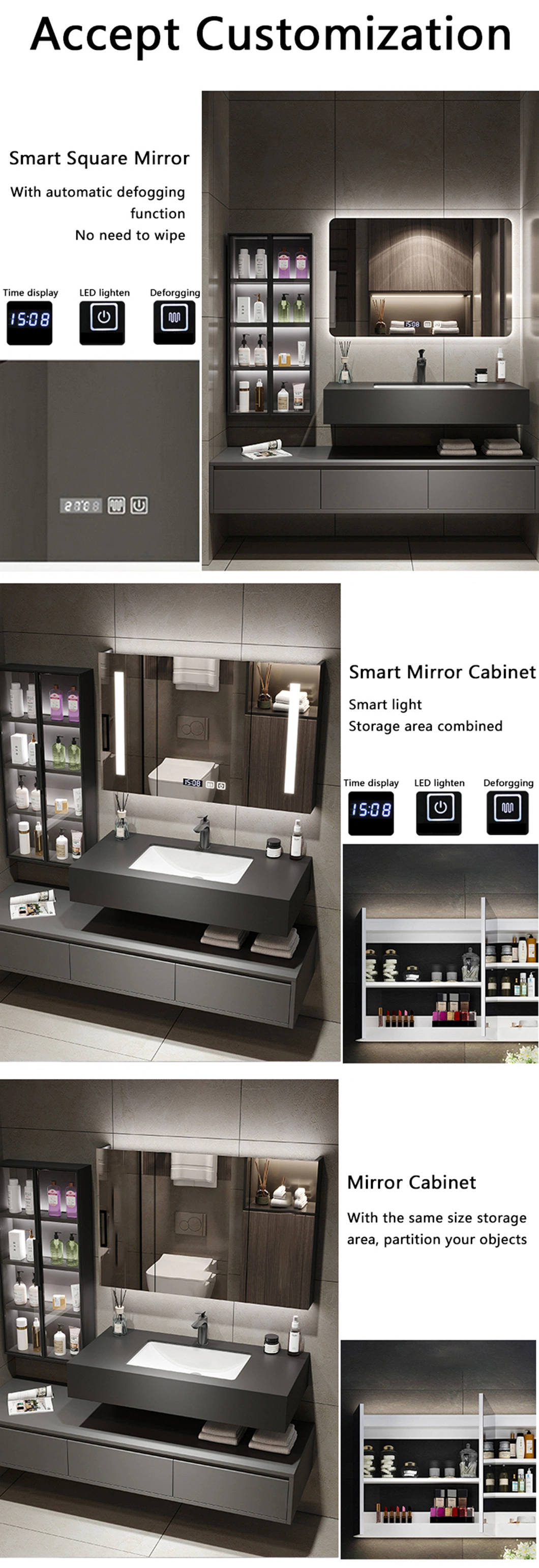 2024 Modern New Design Custom Bathroom Furniture Set LED Mirror Wooden Cabinet Wall Unit Vanity with Wash Basin Product