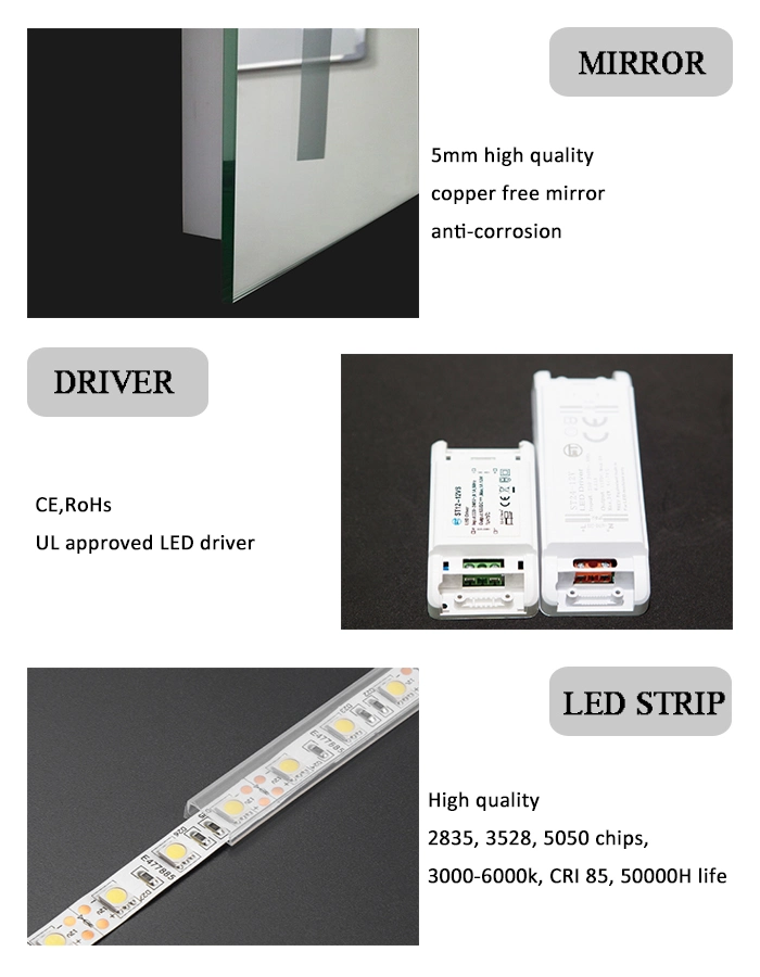 Backlit Illmuinated Wall Mounted Bathroom LED Mirror Three Colors with Anti-Fog for Hotel Appliance