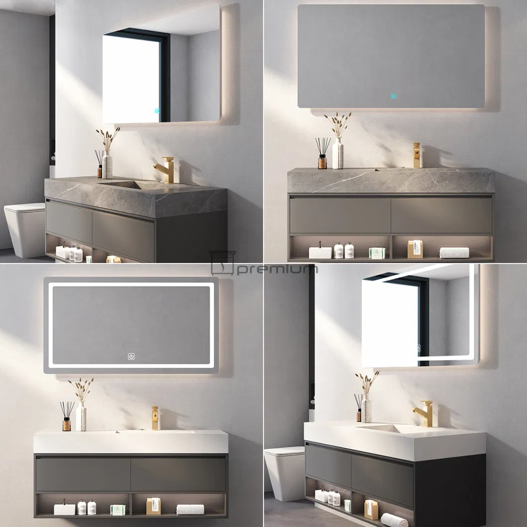 European Standard Wholesale Modern Hotel Design LED Bathroom Mirror Slate Top Ceramic Wash Basin Sink Floating Bathroom Vanity with Mirror