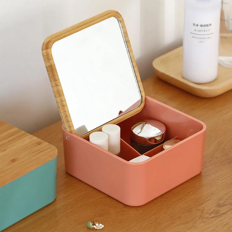 FSC Recycling High Quality Cosmetic Bamboo Mirror with Plastic Storage Box