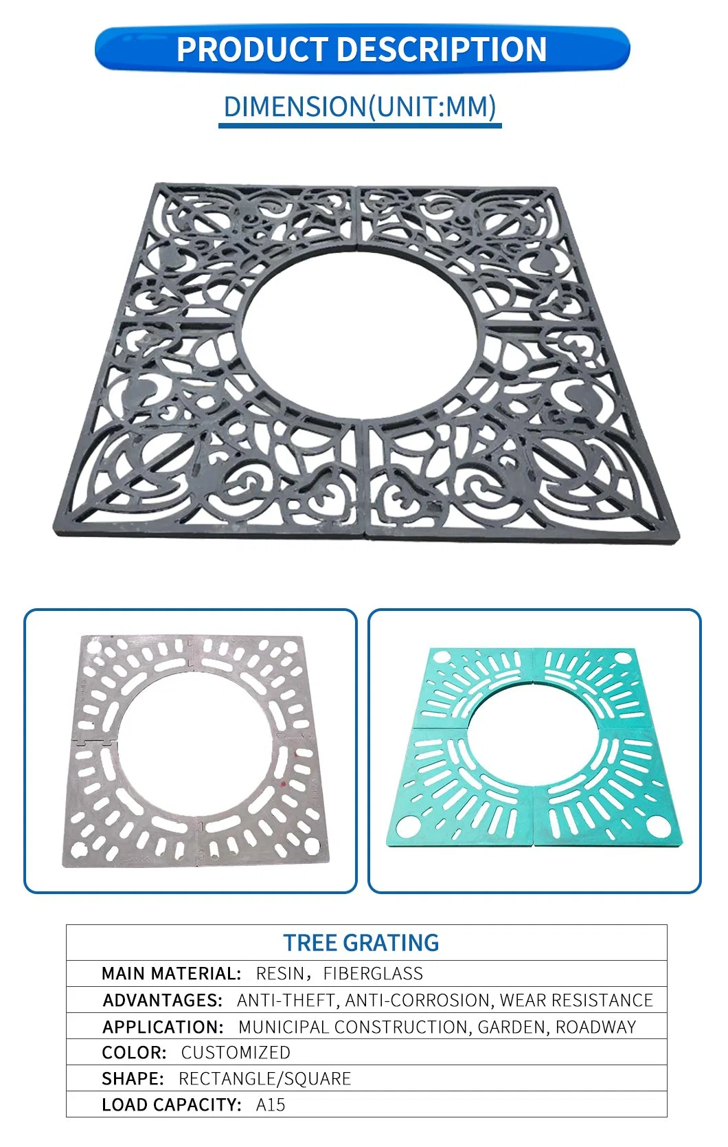 China Factory SGS Passed Road Safety High Quality Square Fiberglass/BMC/SMC/FRP Tree Grating Price for Composite Resin