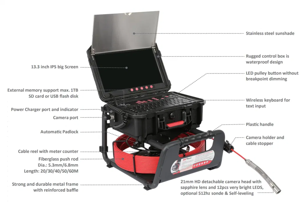 Qyteco Qy6688 6.8mm Cable Reel 13.3&quot; Screen 29mm Camera Head Sewer Pipe Drain Inspection Camera