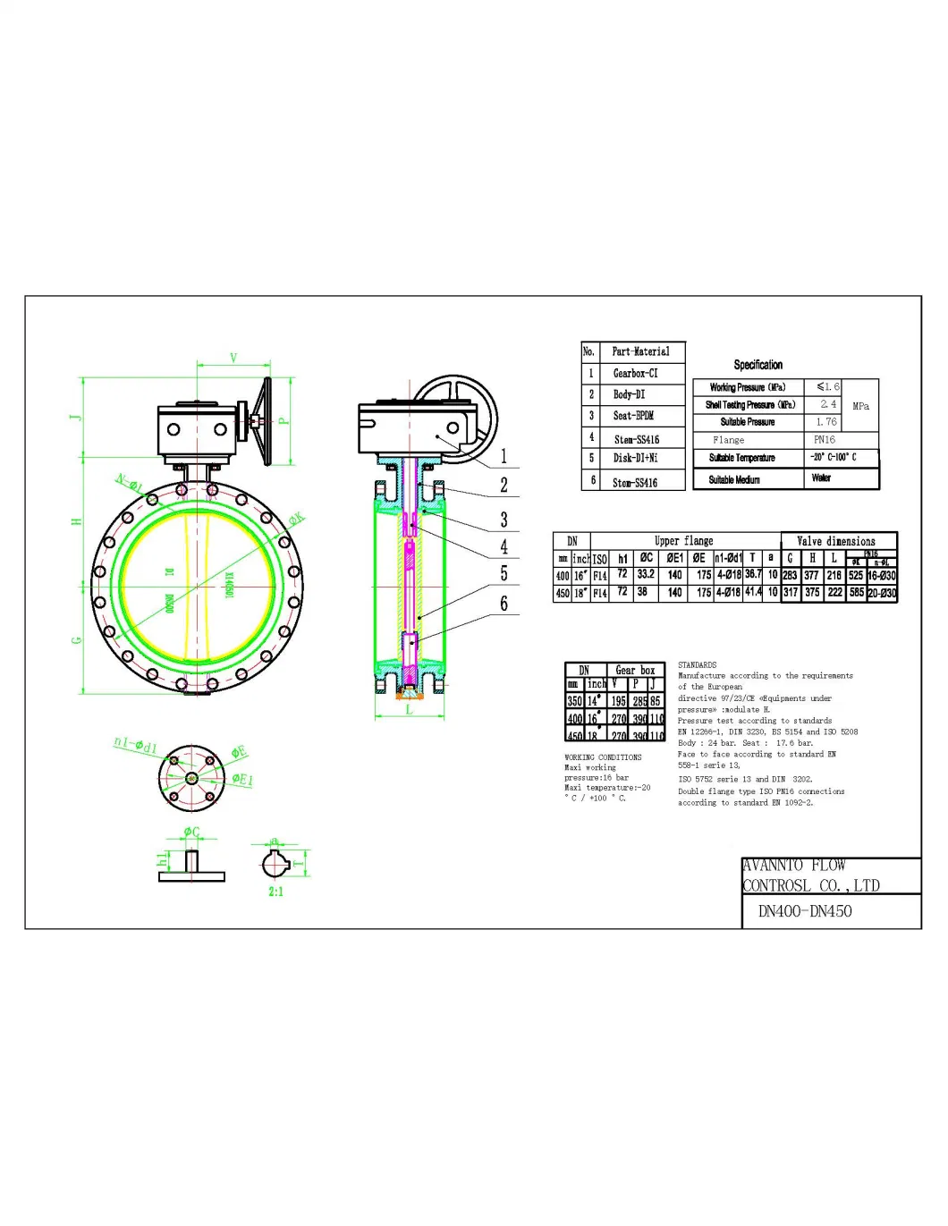 Double Flange Butterfly Valve with Gearbox Pn6/Pn10/Pn16