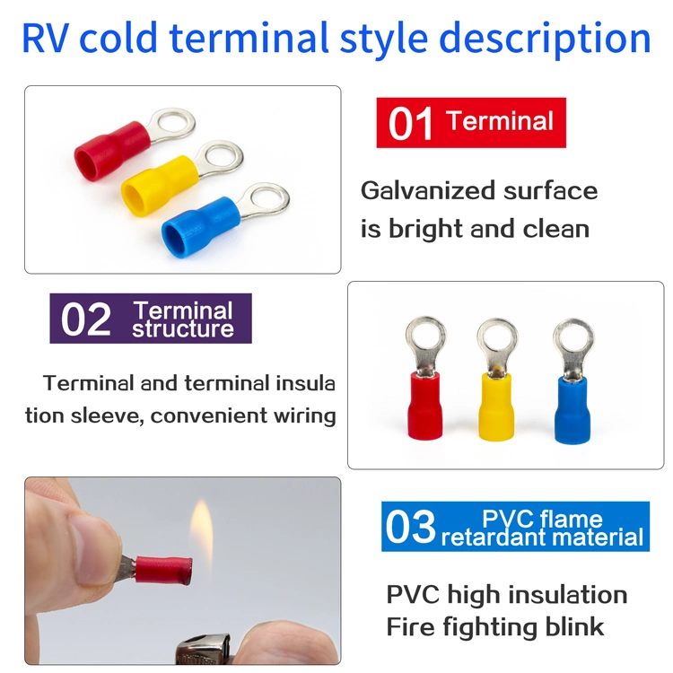 Free Sample RoHS CE Copper Electrical Terminal Lugs Connector Cable Wire Lug Connector Insulated Ring Terminals RV2, RV3.5, RV5.5-12