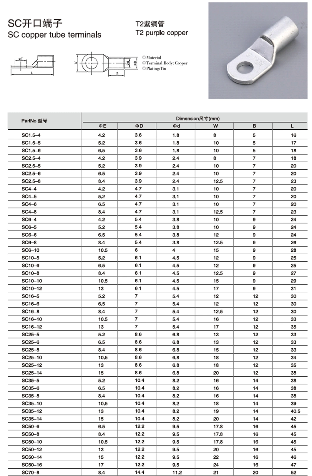 Sc35-8 Crimping Type Connecting Cable Lug 35mm Tinned Copper Terminal Lug Non-Insulated Eyelet