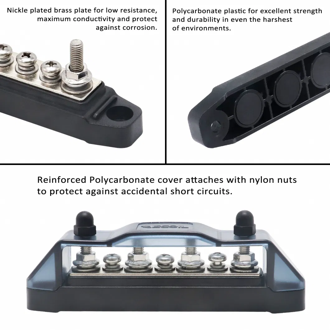 Edge BBS43-B Bus Bar 4 X 1/4&rdquor; Studs, 3 X #8 Screw Terminals Power Distribution Block with Ring Terminals (Single Black)