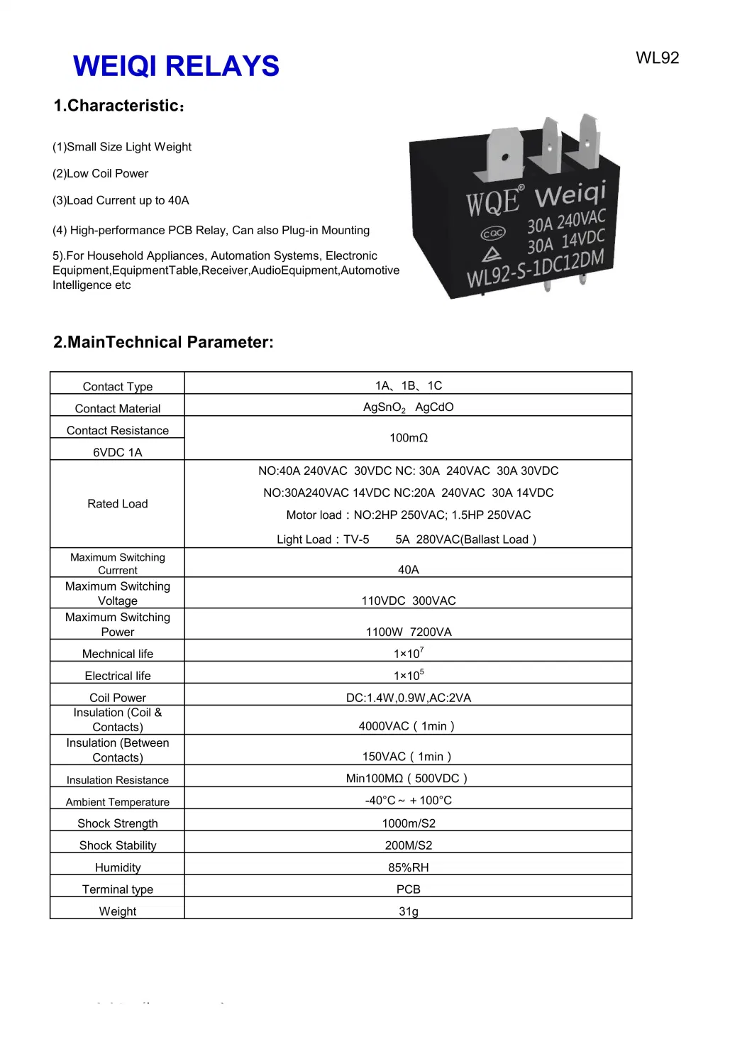 Wl92 T93 20A/30A 240VAC 24V Power Relay PCB Quick Terminal Mounting for Air Conditioner