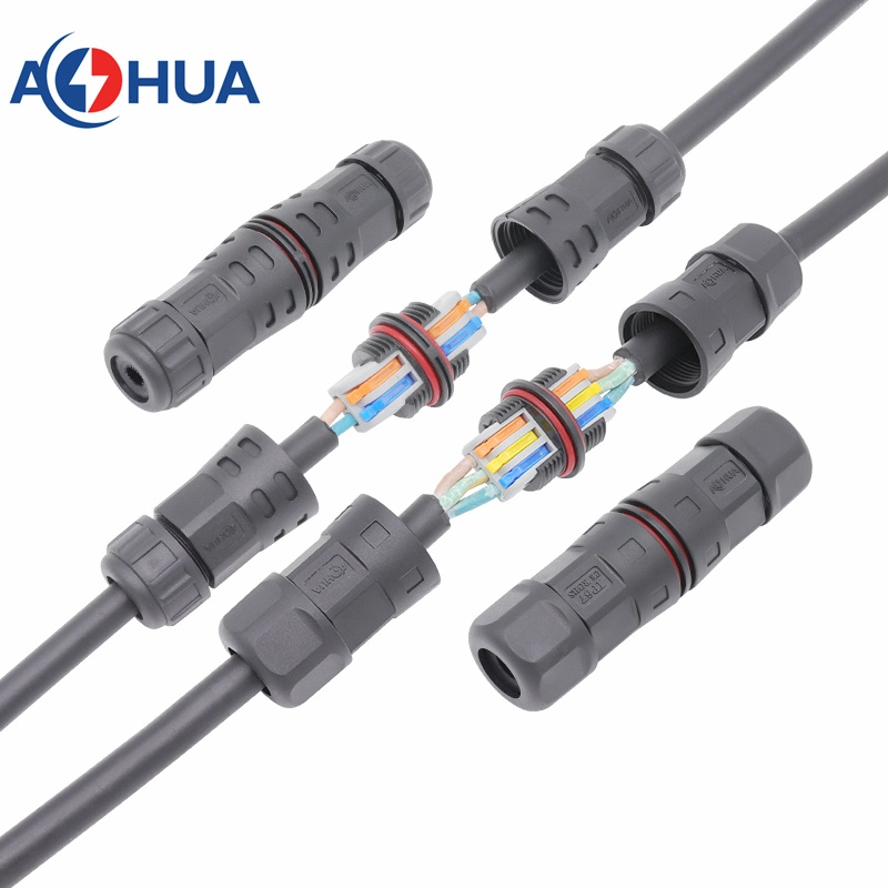 Aohua IP67 Outdoor Waterproof Wiring Terminal Cable Connector M21 2 Inlet 2 out 2 Way L Stright Type Push Lock Cable Connector Assembled Screwless Without Cable