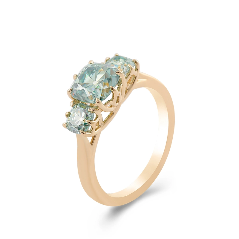 Blue Green Ring Cushion Cut OEM Moissanie 3 Stone Yellow Gold Megan Mark Setting Ring