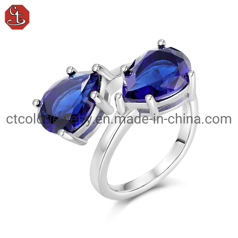 Fashion Jewelry 925 Sterling Silver Blue Glass Stone Jewellery Adjustable Ring