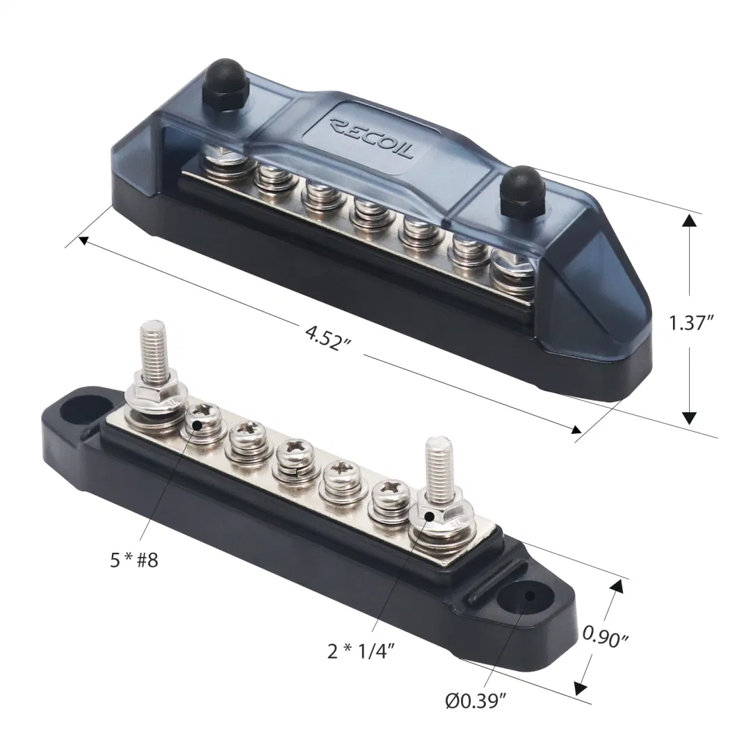 Edge BBS25p Bus Bar 2X1/4in Studs and 5 Screw Terminals Power Distribution Block with Ring Terminals Pair Red &amp; Black