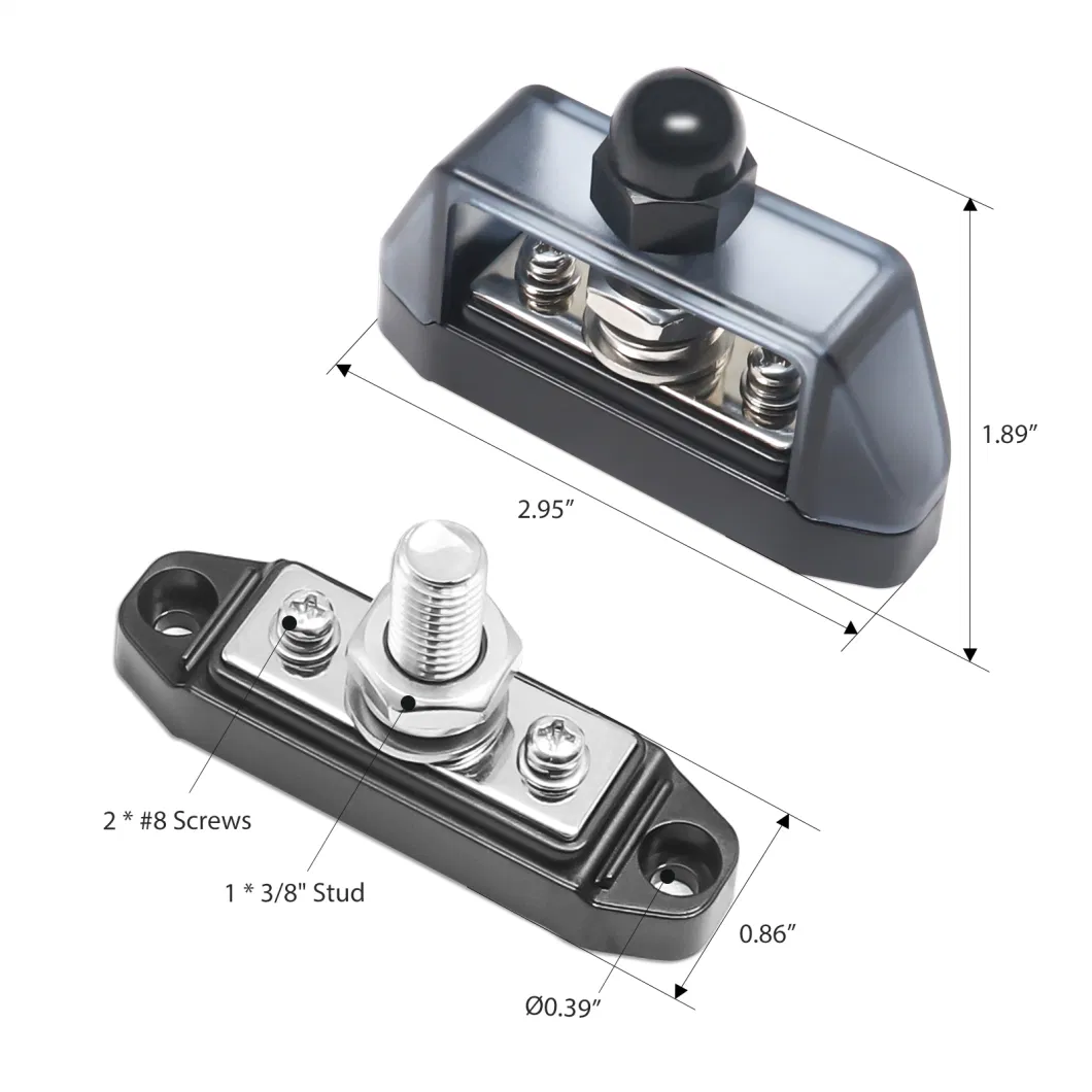 Edge S12p-38 Pair 3 Connections Busbar 1 X 3/8&rdquor; Stud 2 X #8 Screw Terminals Power Distribution Block with Ring Terminals (Red &amp; Black)