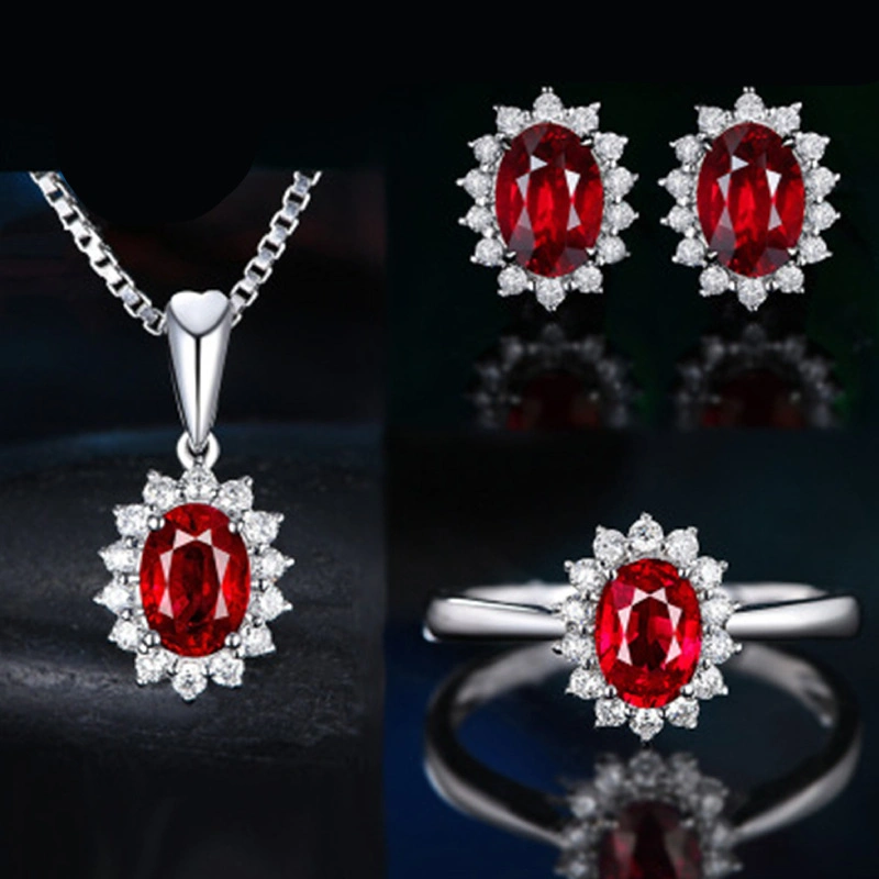 Amazon Foreign Trade Blue Red Yellow Green Purple White Gem Zircon Princess Crown Necklace Set Ring Earrings Pendant Female