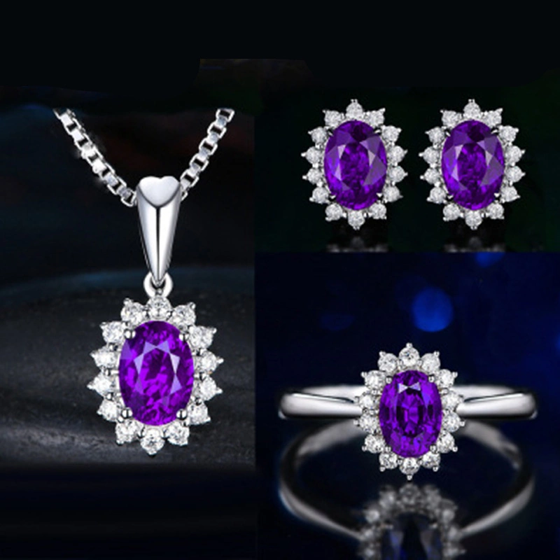 Amazon Foreign Trade Blue Red Yellow Green Purple White Gem Zircon Princess Crown Necklace Set Ring Earrings Pendant Female