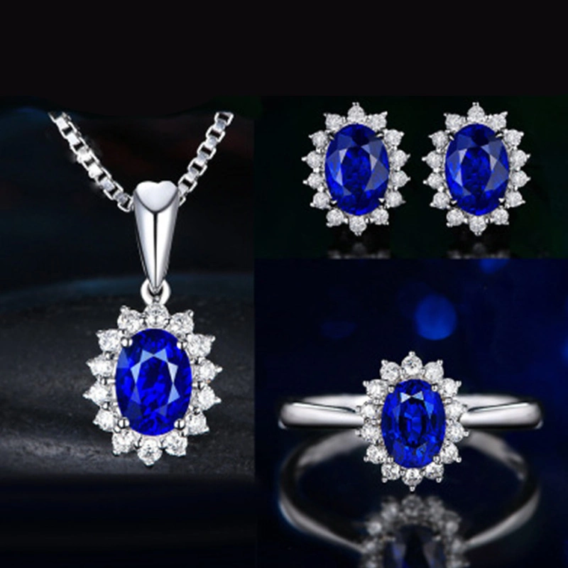 Amazon Foreign Trade Blue Red Yellow Green Purple White Gem Zircon Princess Crown Necklace Set Ring Earrings Pendant Female