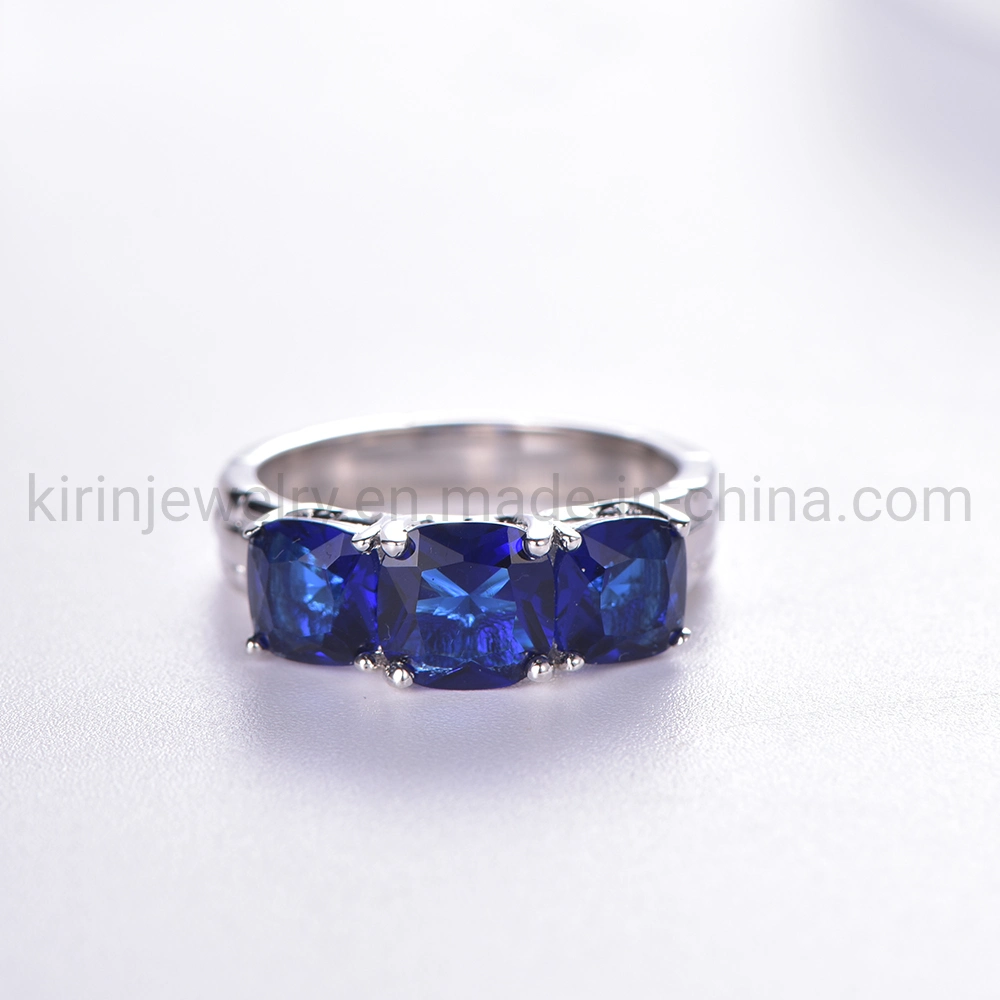 Women Three Stone Rings 925 Sterling Silver Ring Cushion 3 Aquamarine Blue Gemstone Wedding Diamond Ring