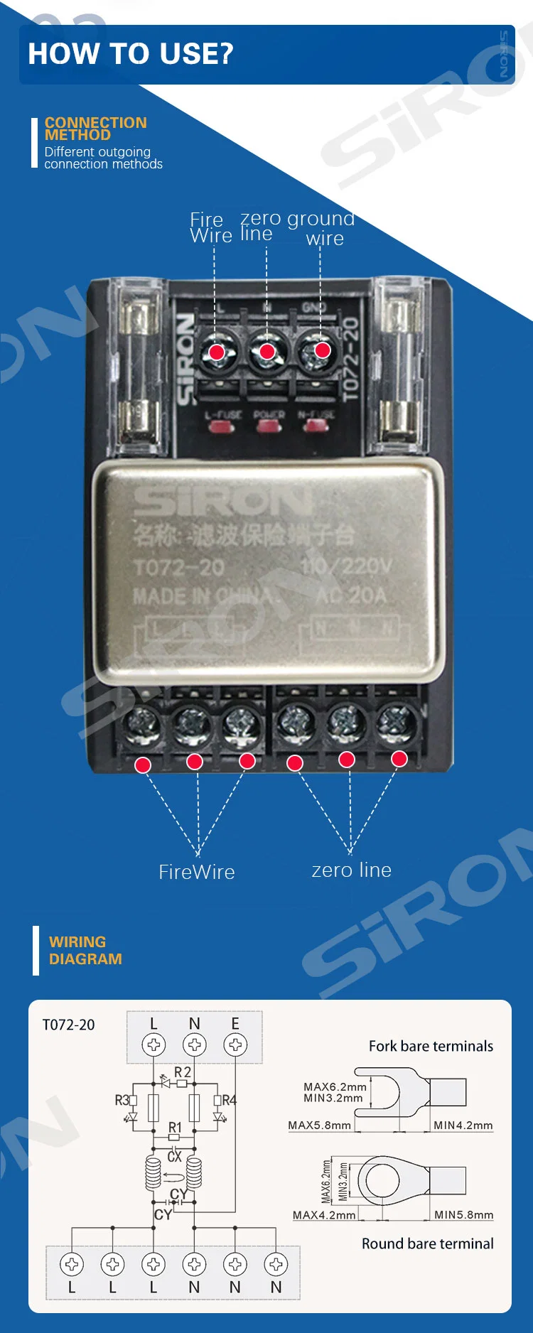 Siron T072-20 Power Module Wiring Terminal AC Control Terminal Short Circuit Protection Wiring Terminal with LED