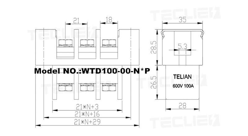 High Current Barrier Modular Terminal Blocks Screw Feed Through Terminal Power 100A