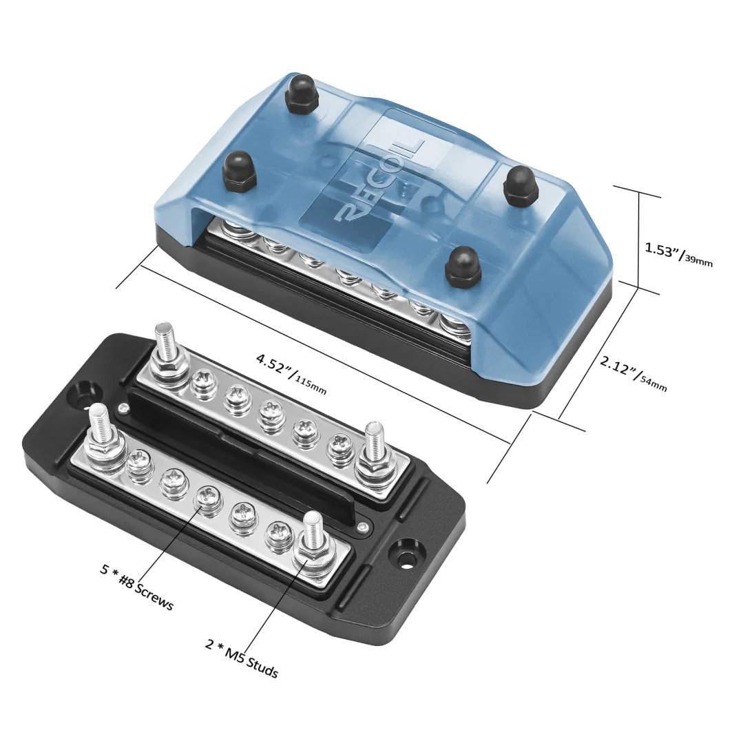 Edge Dbbs25 Dual Row Busbar Positive and Negative 2 X M5 Studs 5 X #8 Screw Terminals Power and Ground Distribution Block with Ring Terminals (Red &amp; Black)